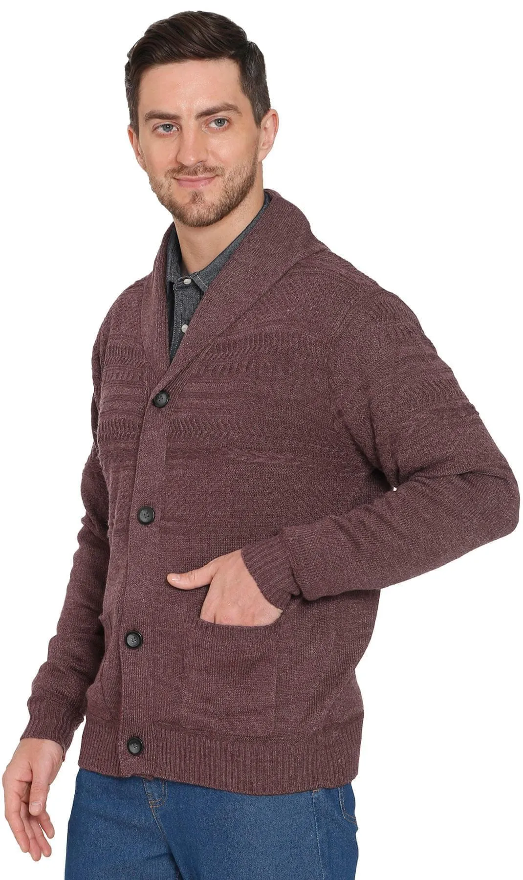 Men's Jacquard Knit Shawl Collar Cardigan - Button front with Pockets