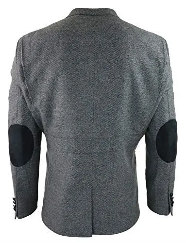 Mens Wool Tweed Shooting Jacket Hunting Blazer Smart Casual Elbow Patch Grey