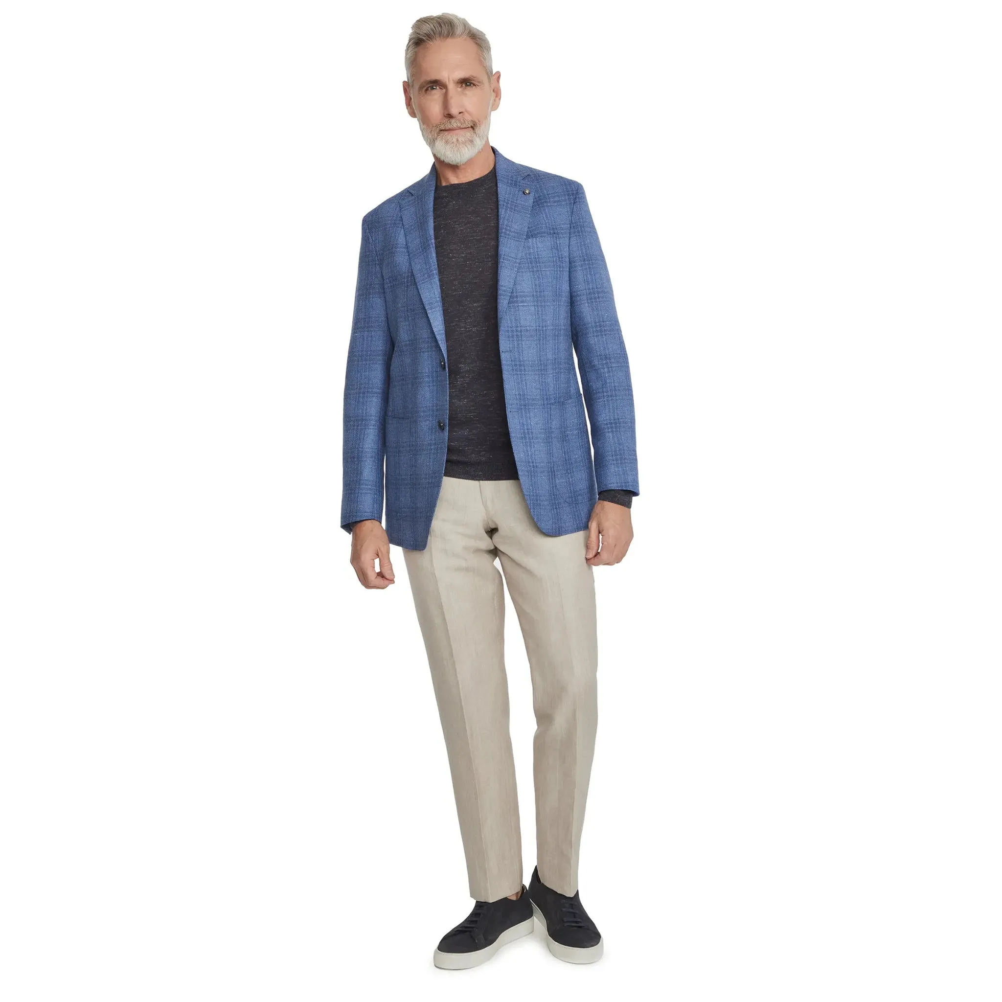 Mid-Blue Check Wool-Linen Hampton Contemporary Fit Sport Jacket - Jack Victor