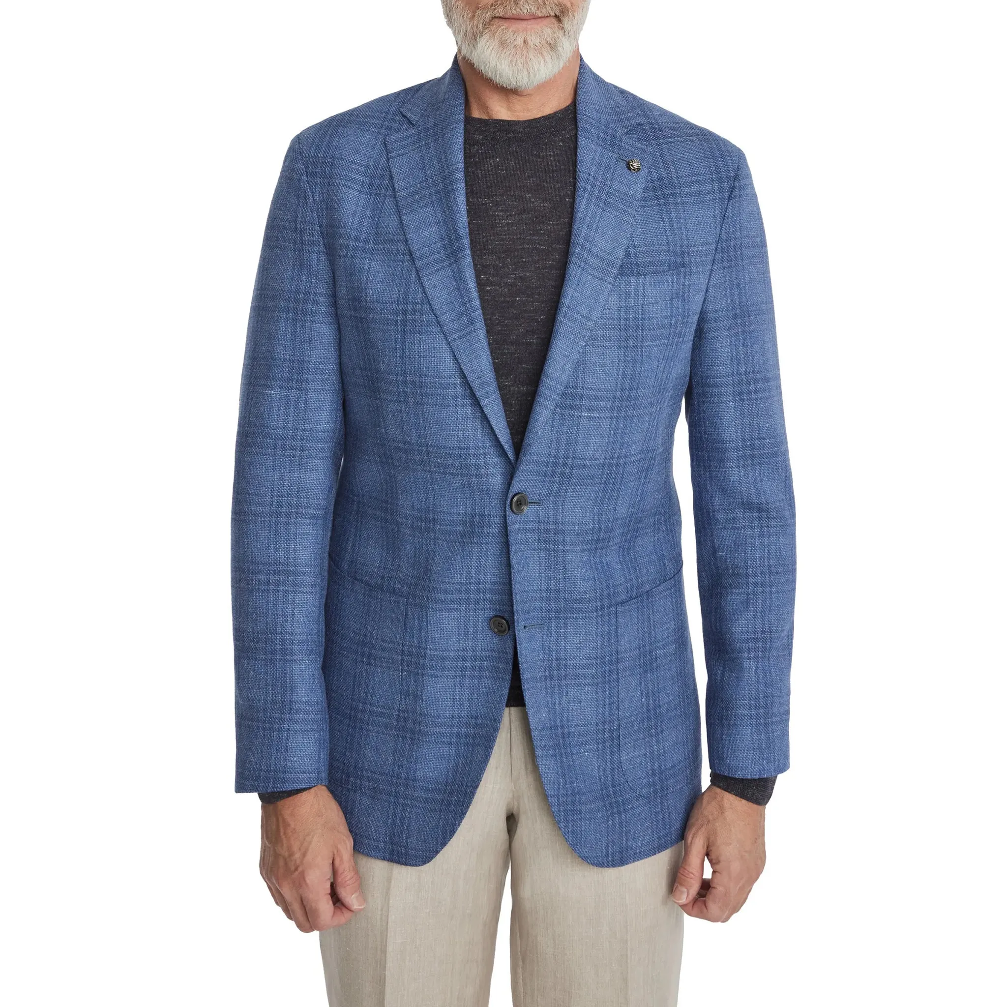 Mid-Blue Check Wool-Linen Hampton Contemporary Fit Sport Jacket - Jack Victor