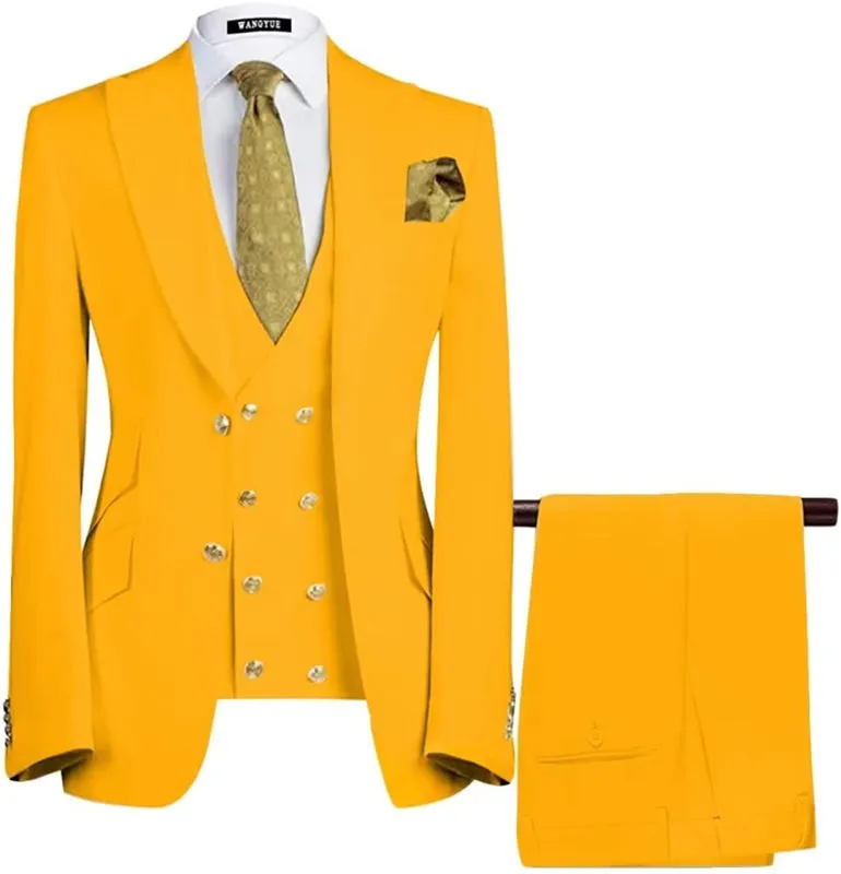 Modern Yellow Three Pieces Peaked Lapel Men Prom Suits Double Breasted Casual Blazer Vest Pants