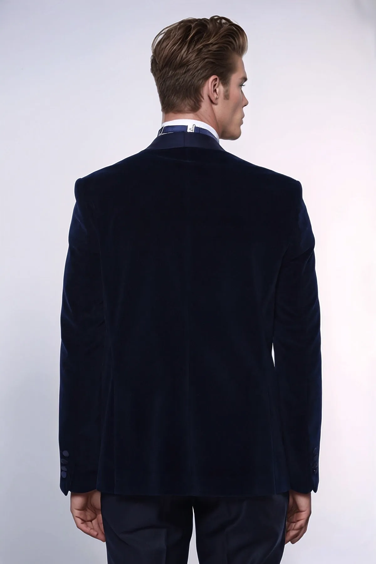 Navy Blue Velvet Blazer - Wessi