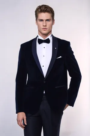 Navy Blue Velvet Blazer - Wessi