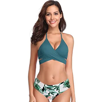 New SHEKINI Womens Bathing Suits Push Up Halter Bandage Bikini Floral Printing Swim Bottoms Two Piece Swimsuit, Sz XL!