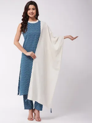 Off White Dupatta Indigo Tassel