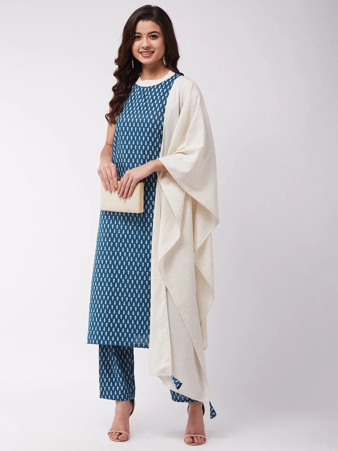 Off White Dupatta Indigo Tassel