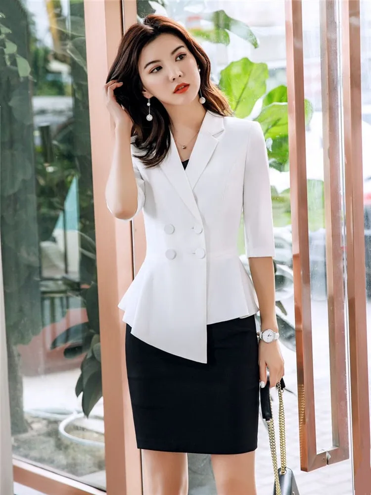 Office Attire Set: Skirt Suit with Thin Blazer & Half Sleeve Top for Women
