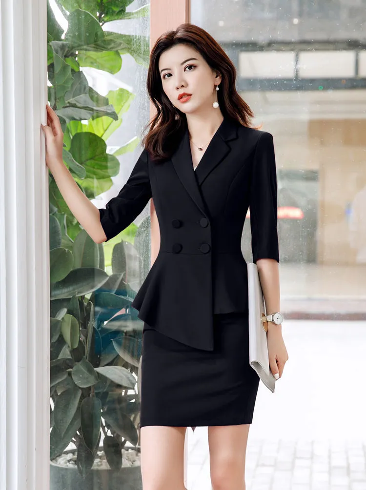 Office Attire Set: Skirt Suit with Thin Blazer & Half Sleeve Top for Women