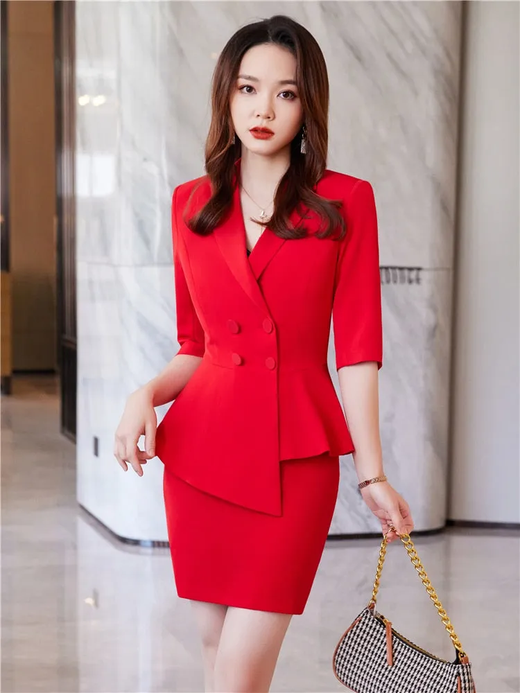 Office Attire Set: Skirt Suit with Thin Blazer & Half Sleeve Top for Women