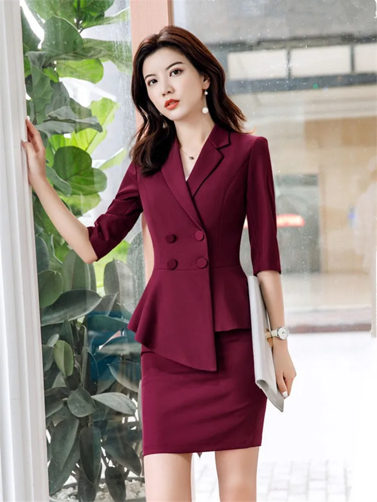 Office Attire Set: Skirt Suit with Thin Blazer & Half Sleeve Top for Women