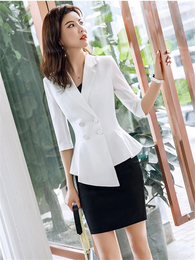Office Attire Set: Skirt Suit with Thin Blazer & Half Sleeve Top for Women