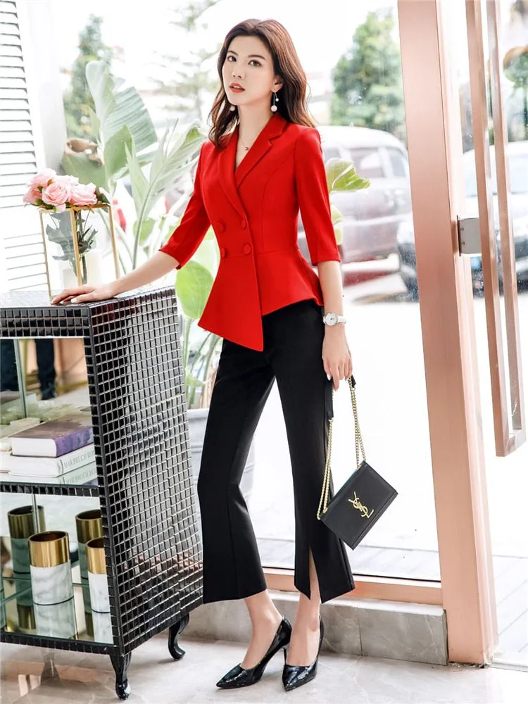 Office Attire Set: Skirt Suit with Thin Blazer & Half Sleeve Top for Women