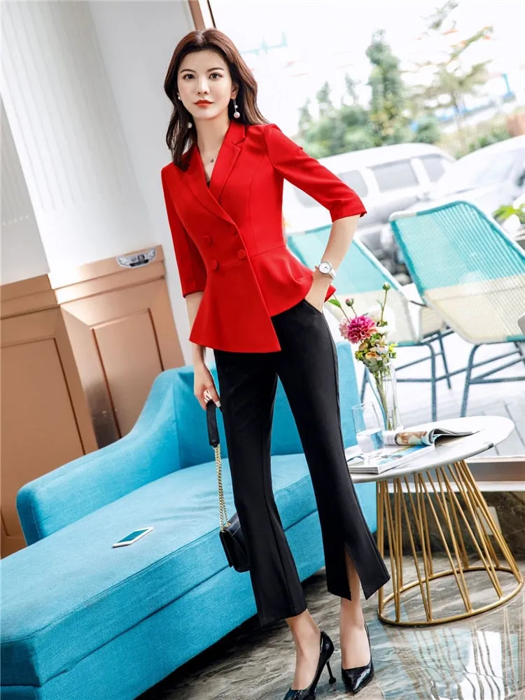 Office Attire Set: Skirt Suit with Thin Blazer & Half Sleeve Top for Women