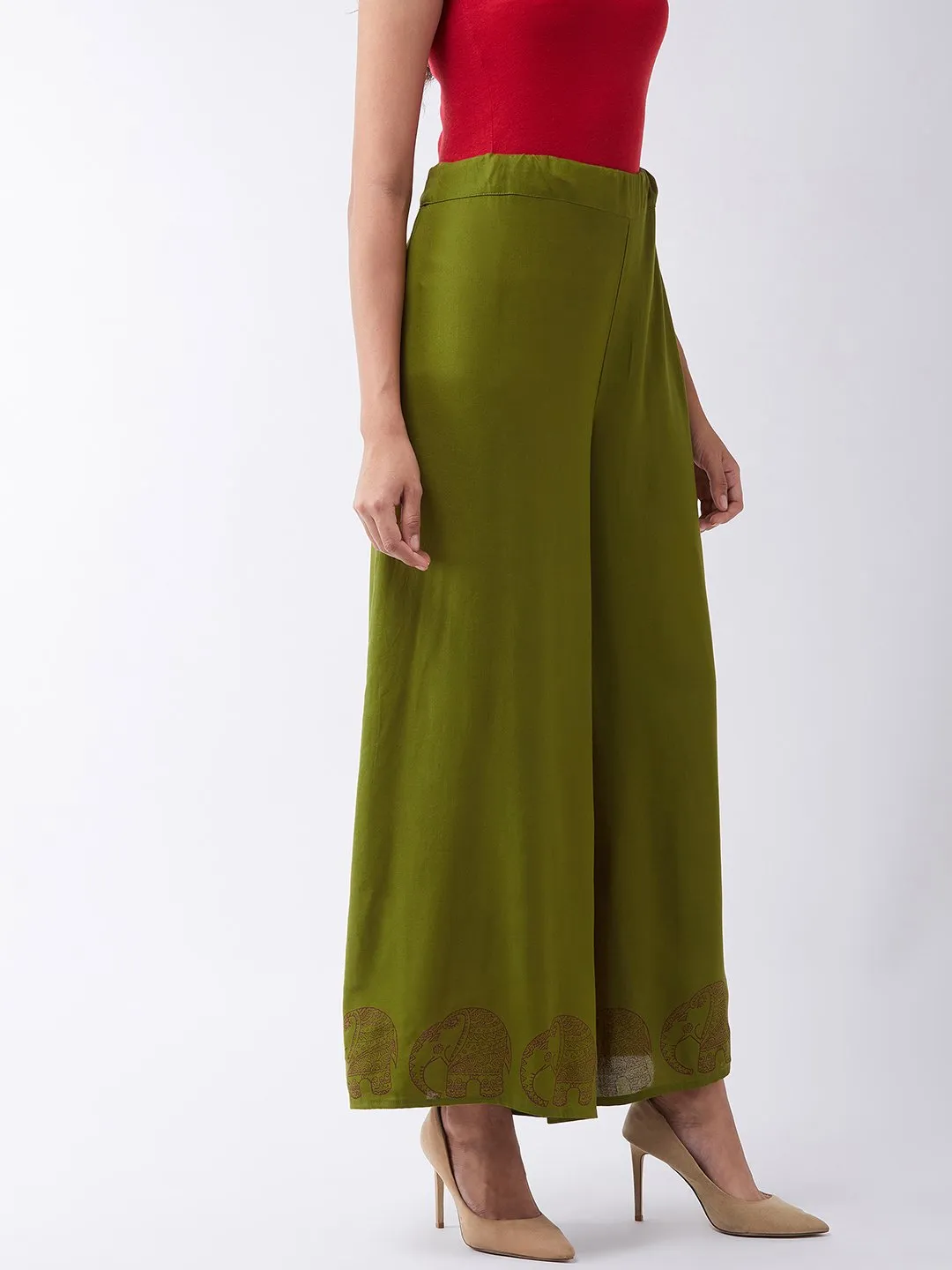 Olive Palazzo With Block Print Motif