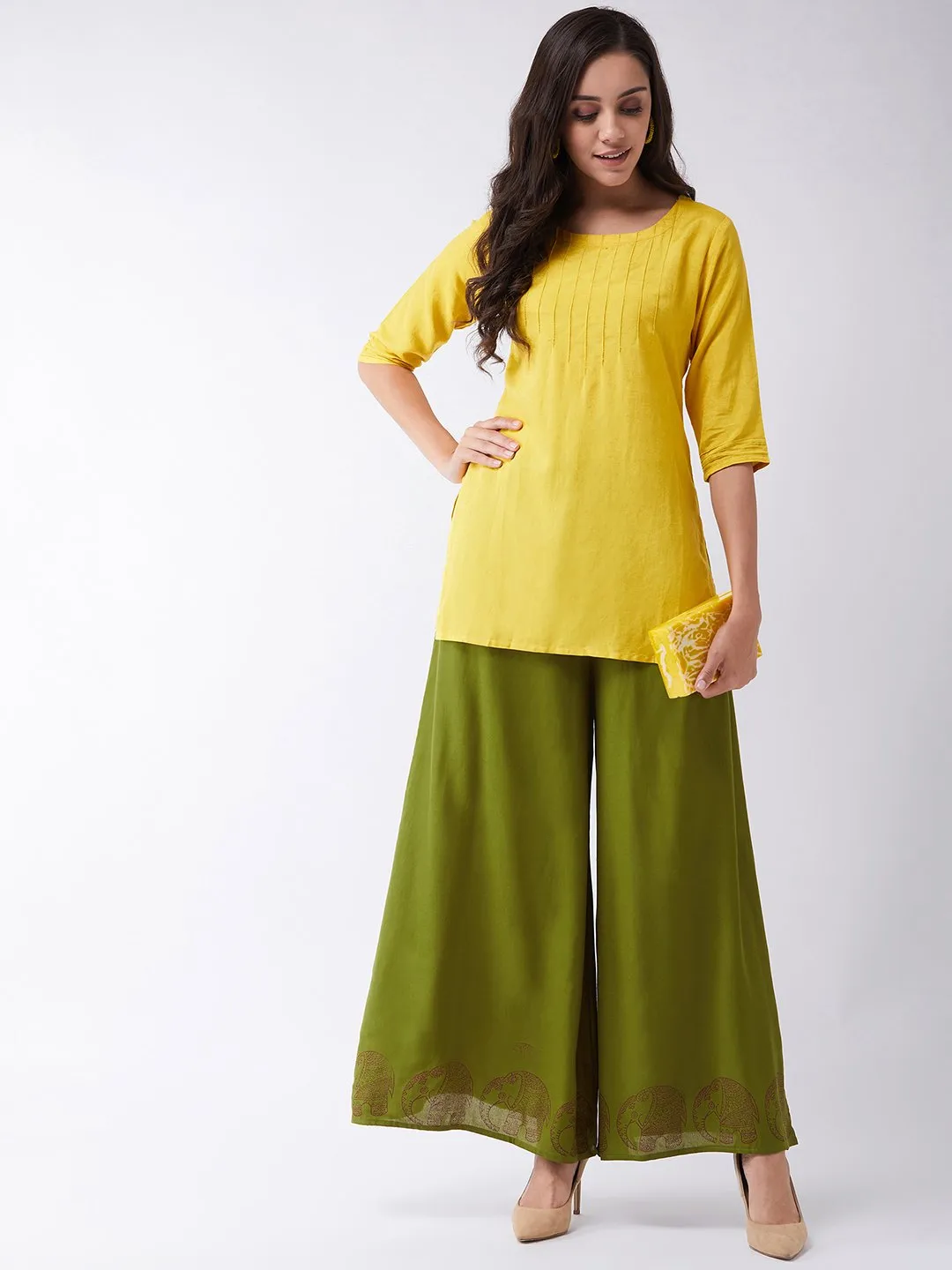 Olive Palazzo With Block Print Motif