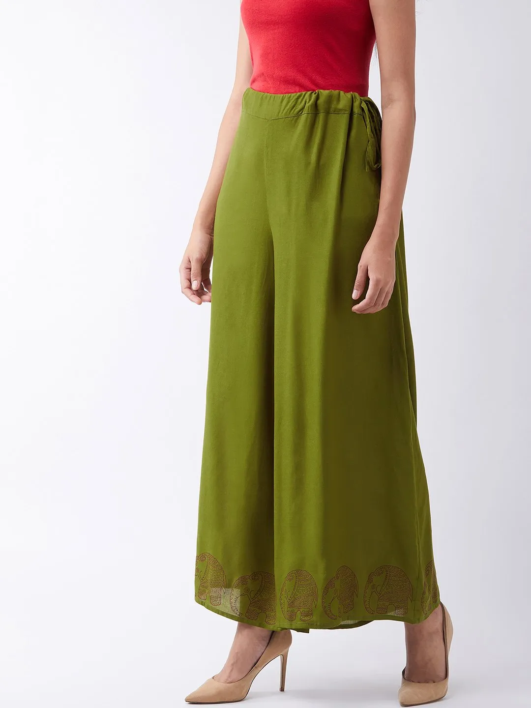 Olive Palazzo With Block Print Motif