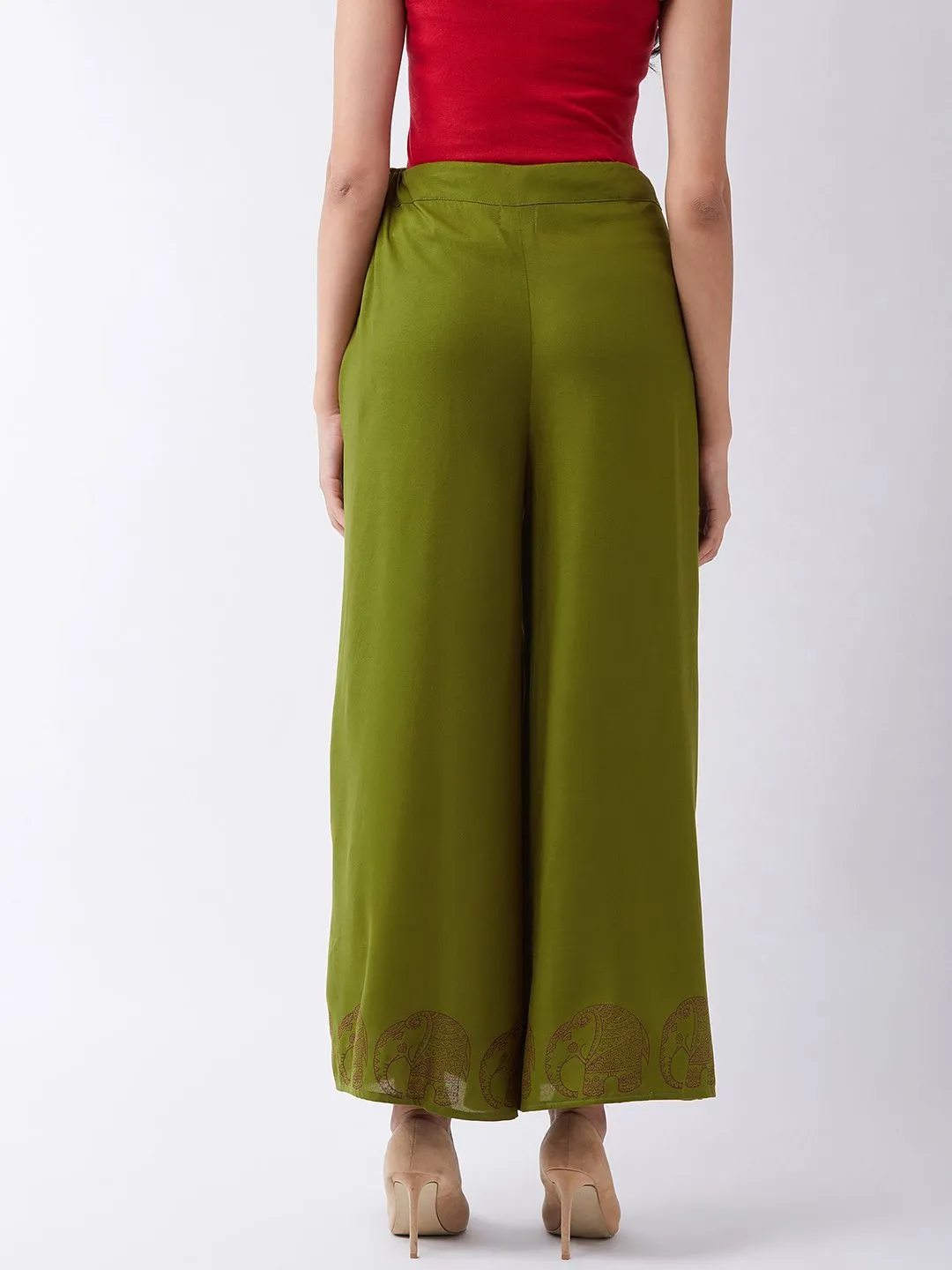 Olive Palazzo With Block Print Motif
