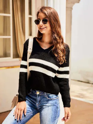 Original Design Striped V-neck Small Sexy Women's Sweater Autumn Long-sleeved Sweater