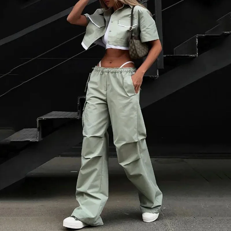 Parachute pants and an ultra-short shirt outfit.
