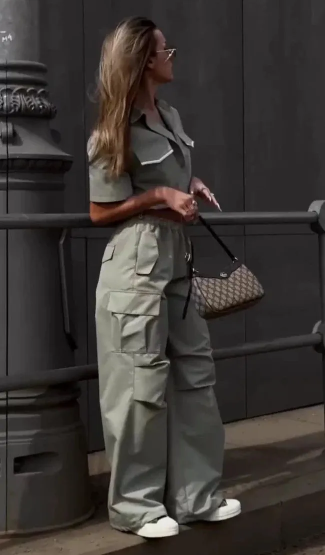 Parachute pants and an ultra-short shirt outfit.
