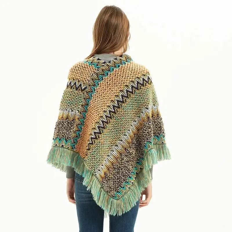 Patchwork Shawl Knitted Striped Print Cardigans Women Poncho Autumn