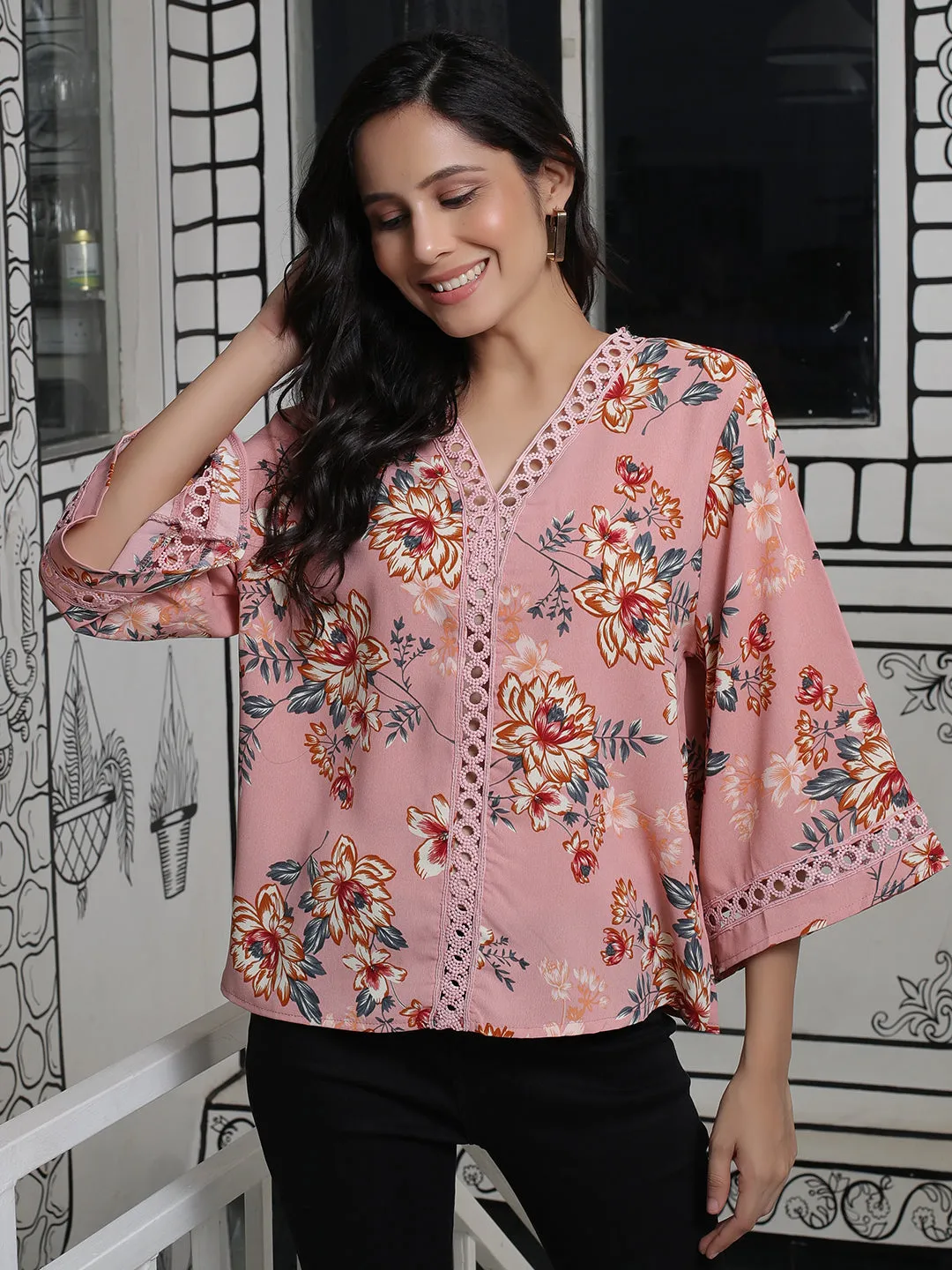 Peach Color lace Ttop with Flared Sleeve