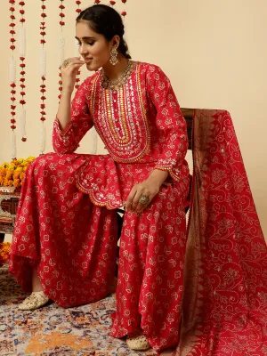 Pink Bandhani Mirror Work Kurta With Sharara And Dupatta