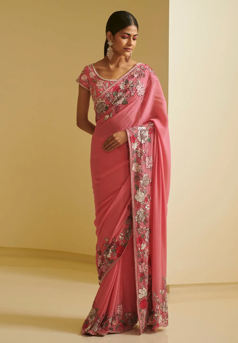 Pink Floral Embroidered Saree & Blouse
