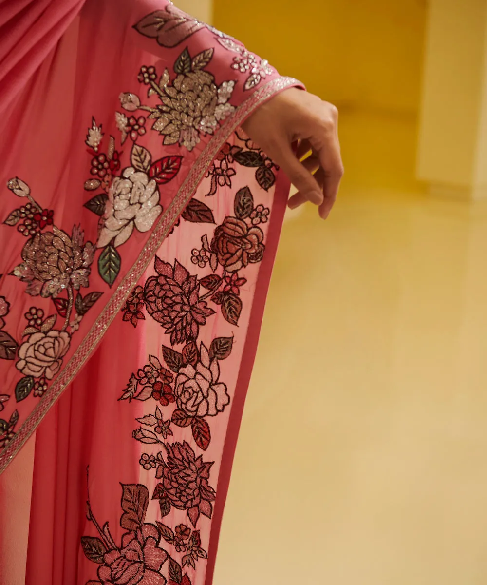 Pink Floral Embroidered Saree & Blouse