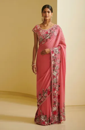 Pink Floral Embroidered Saree & Blouse