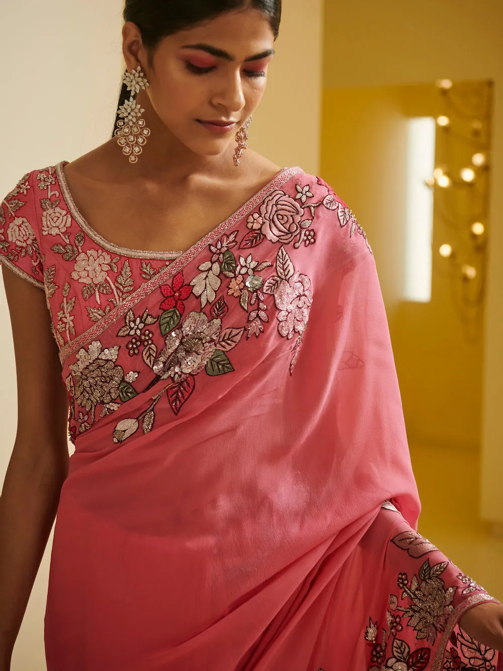 Pink Floral Embroidered Saree & Blouse