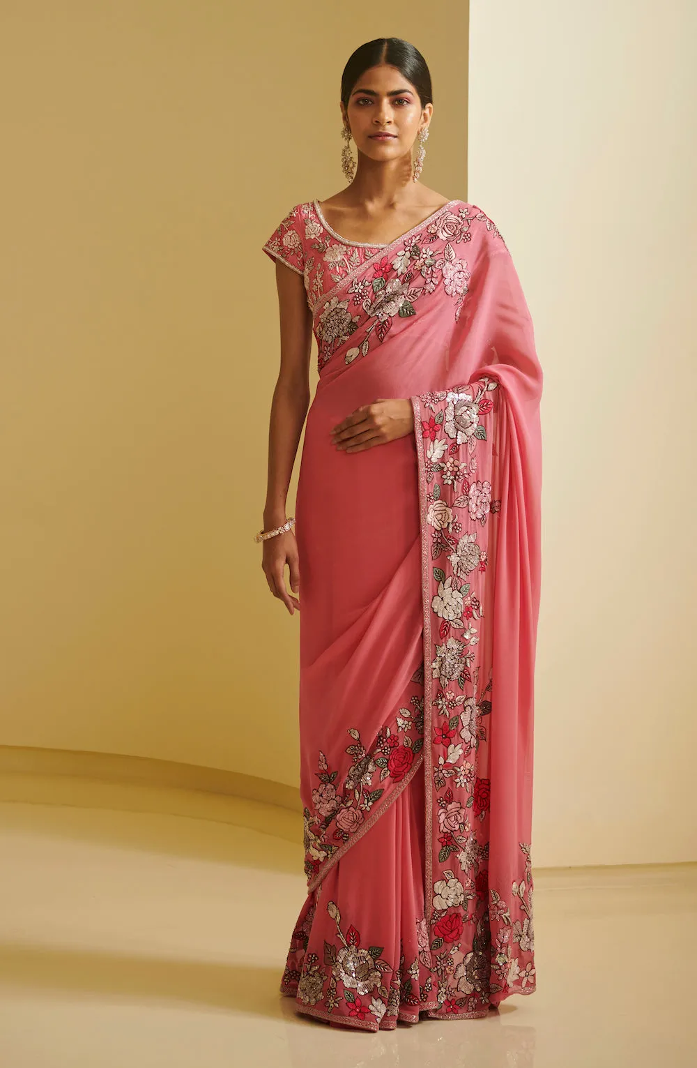 Pink Floral Embroidered Saree & Blouse