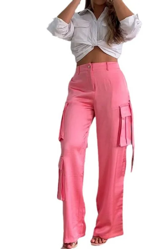 Pink parachute pants and white short shirt