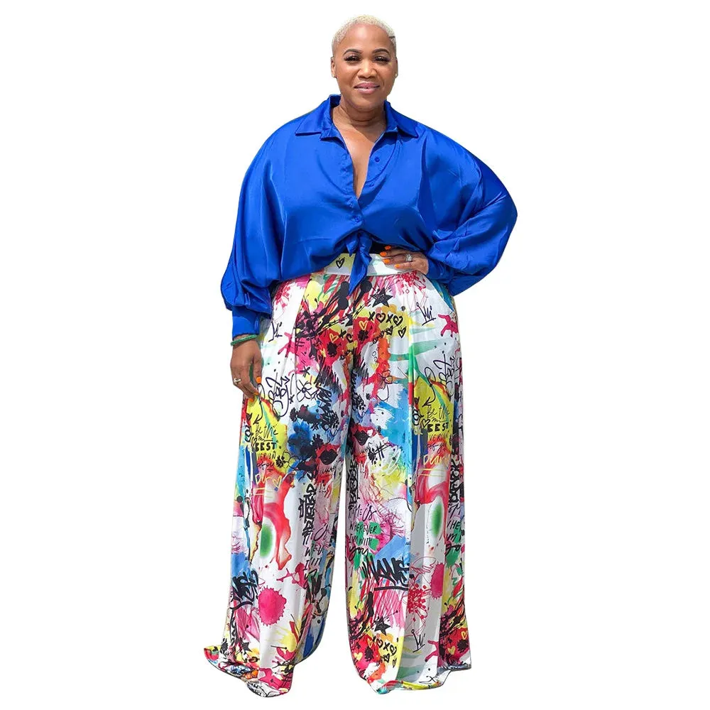 Plus Size Two Piece Pant Sets for Women Long Sleeve Top and Wide Leg Pants Suits
