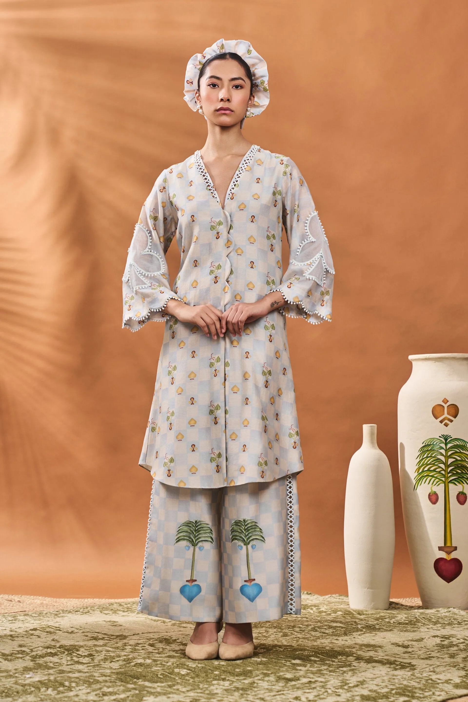 Powder Blue Checkers Bloom Tunic Set