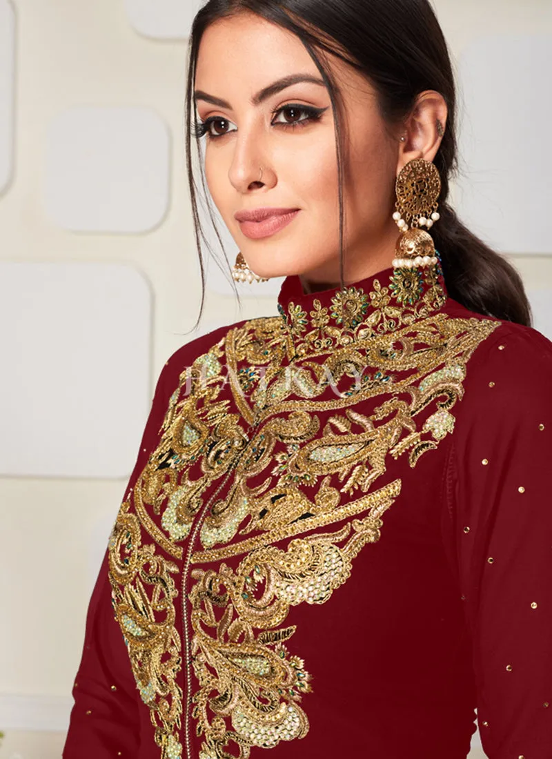 Red Golden Zari Embroidery Jacket Style Pant Suit