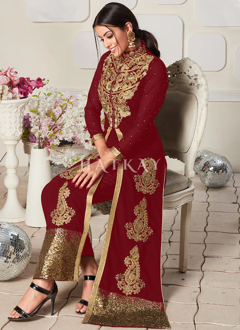 Red Golden Zari Embroidery Jacket Style Pant Suit