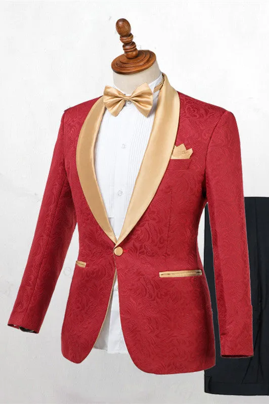 Red Jacquard One Button Wedding Men Suits with Gold Lapel