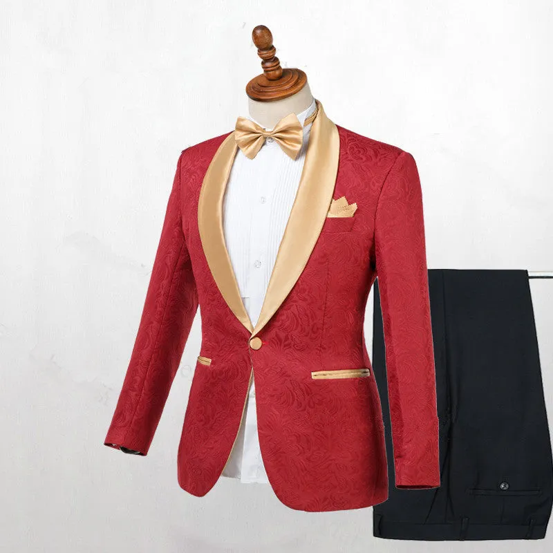 Red Jacquard One Button Wedding Men Suits with Gold Lapel