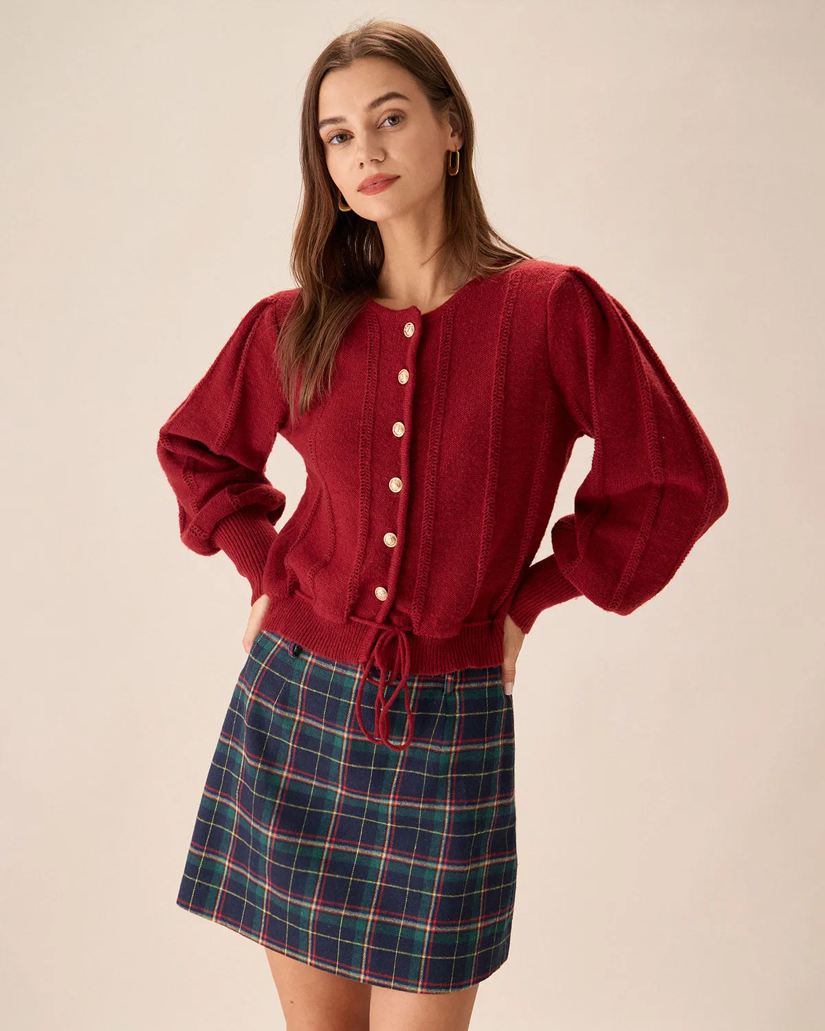 Red Lantern Sleeve Single-Breasted Cardigan