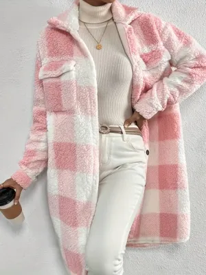 Reyna Jacket | Pink Checked Fleece Teddy Coat