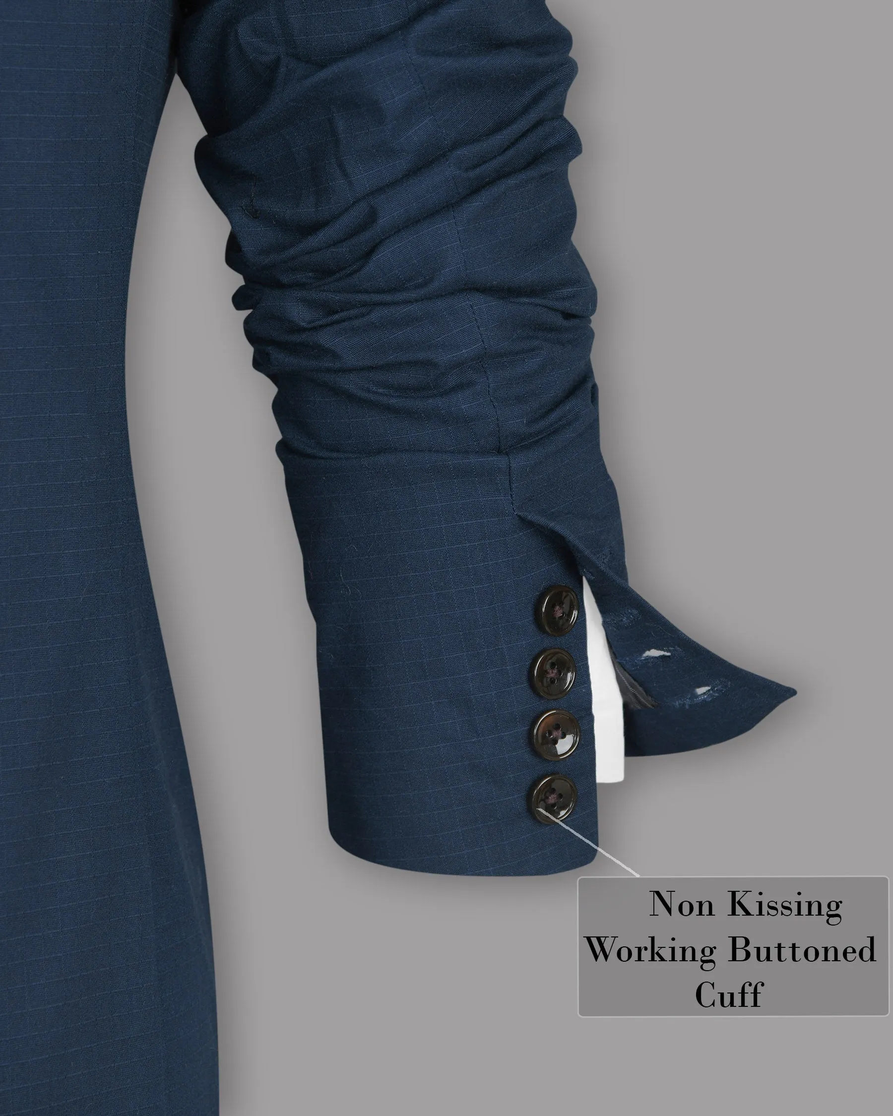 Royal Blue Subtle Checked Premium Cotton Double-Breasted Blazer