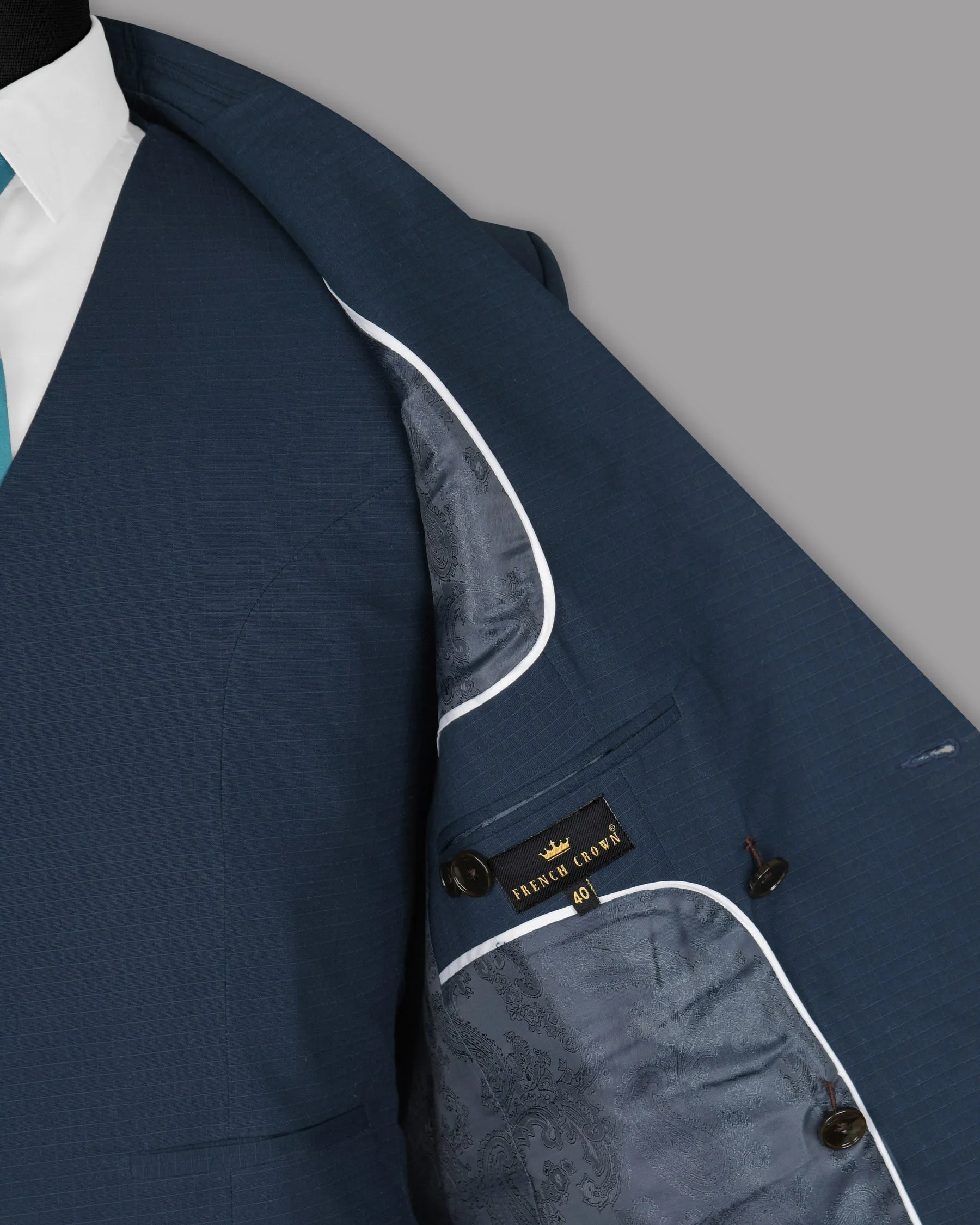 Royal Blue Subtle Checked Premium Cotton Double-Breasted Blazer