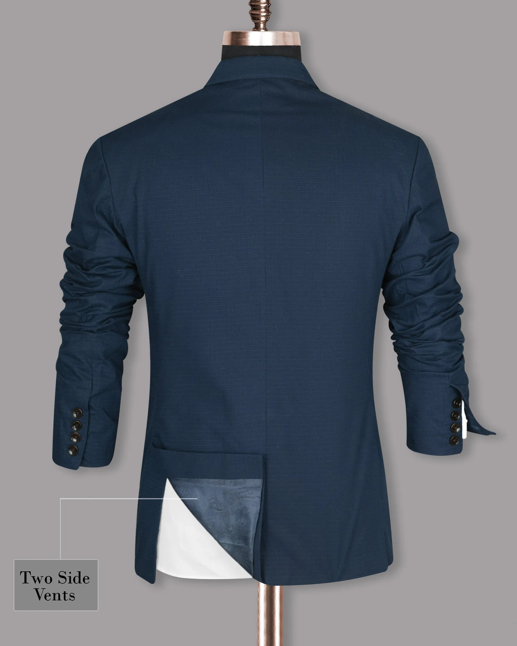 Royal Blue Subtle Checked Premium Cotton Double-Breasted Blazer
