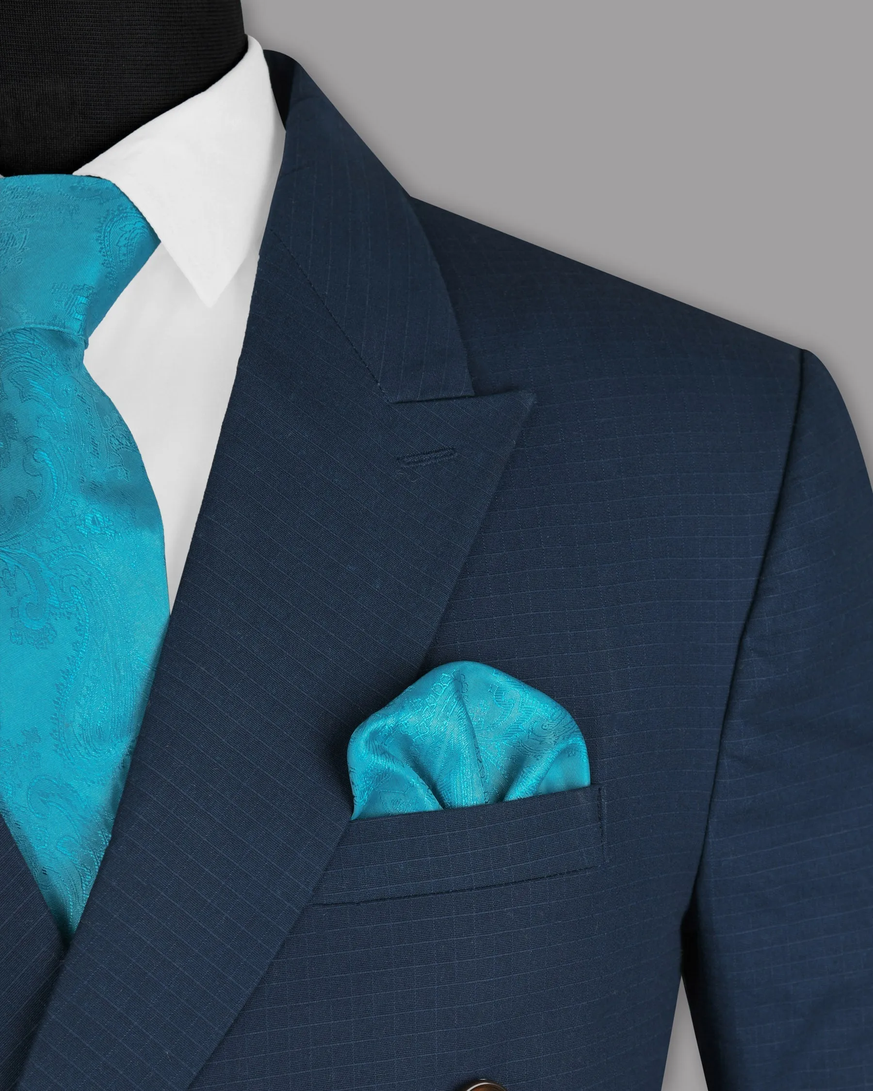 Royal Blue Subtle Checked Premium Cotton Double-Breasted Blazer