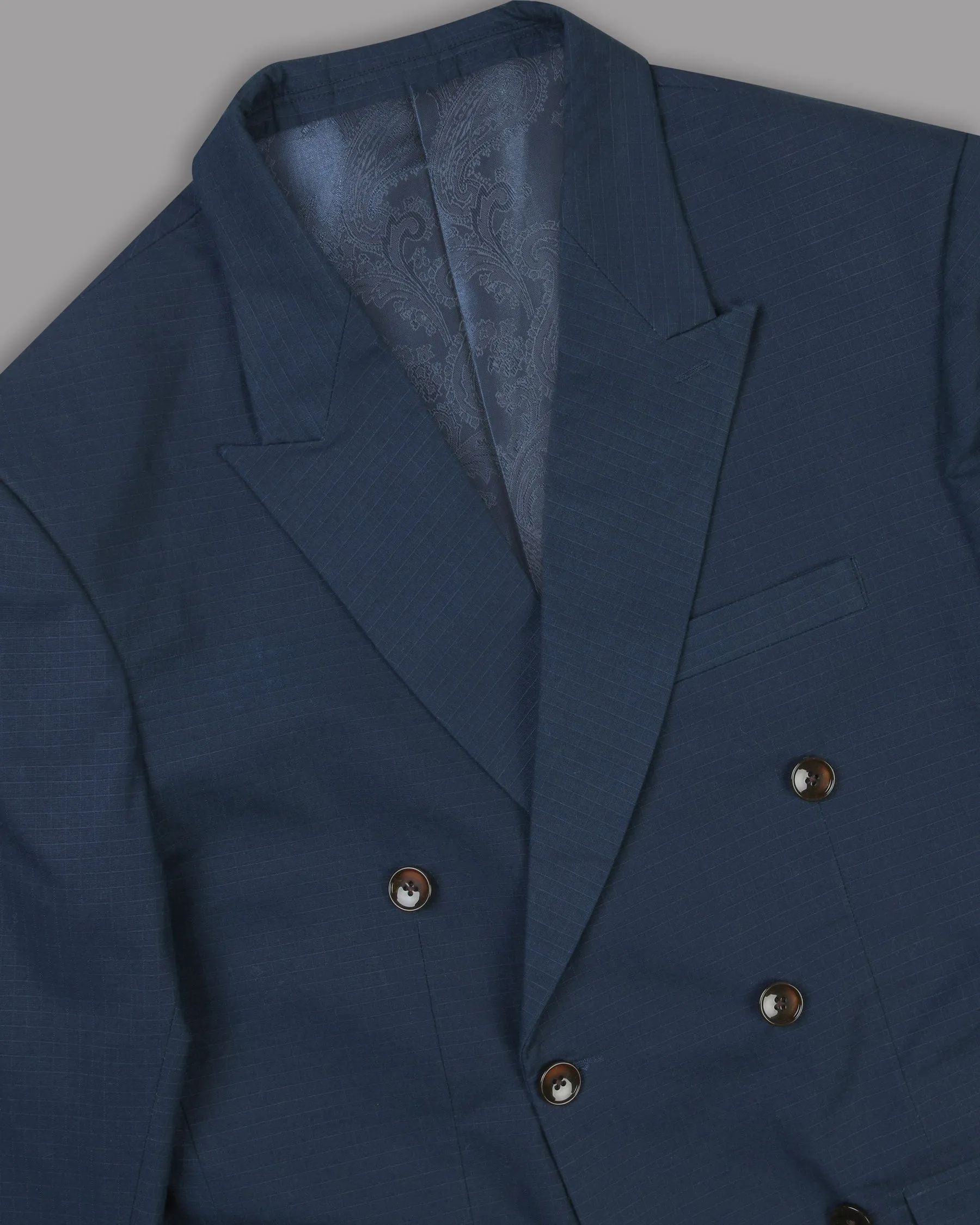 Royal Blue Subtle Checked Premium Cotton Double-Breasted Blazer