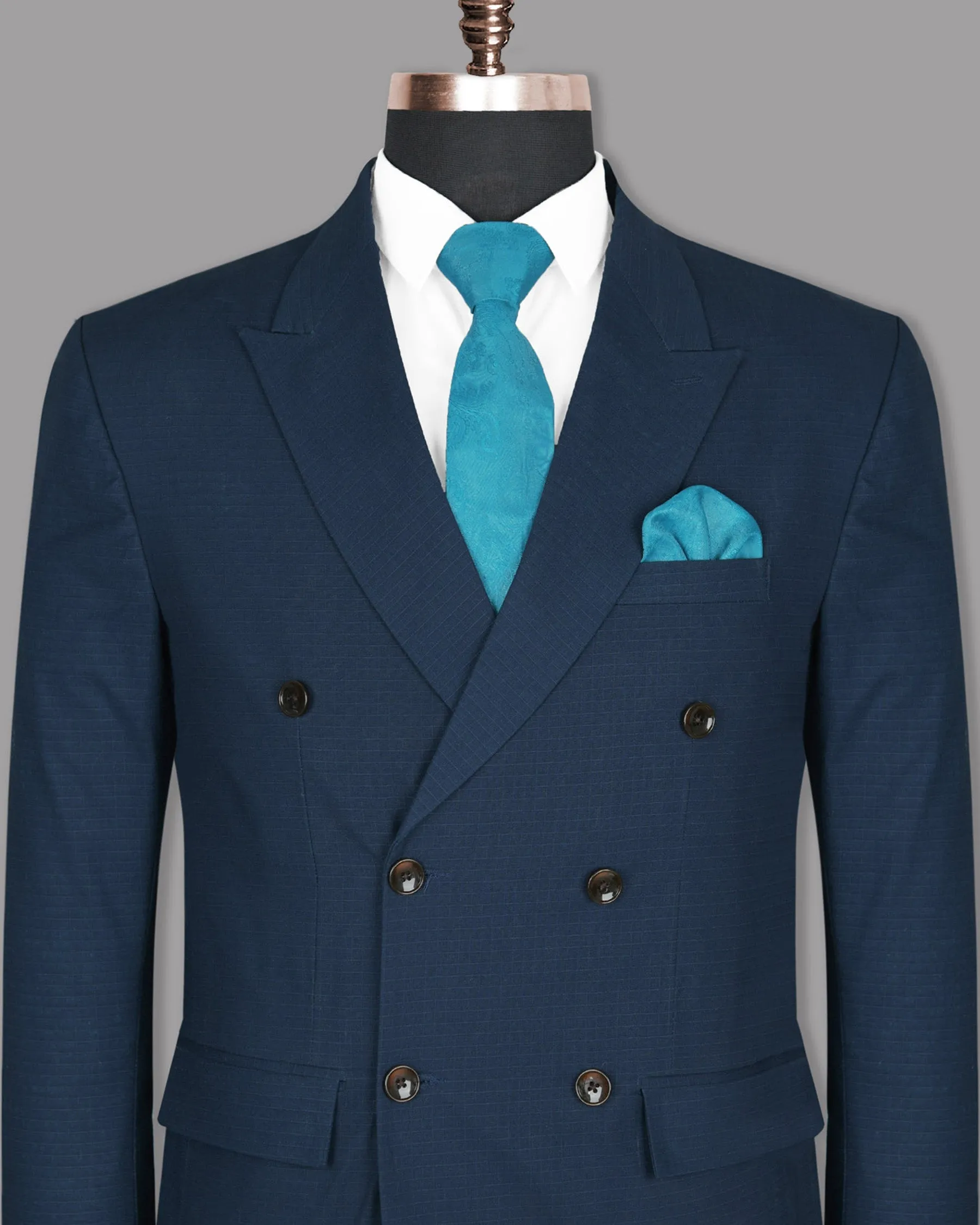 Royal Blue Subtle Checked Premium Cotton Double-Breasted Blazer