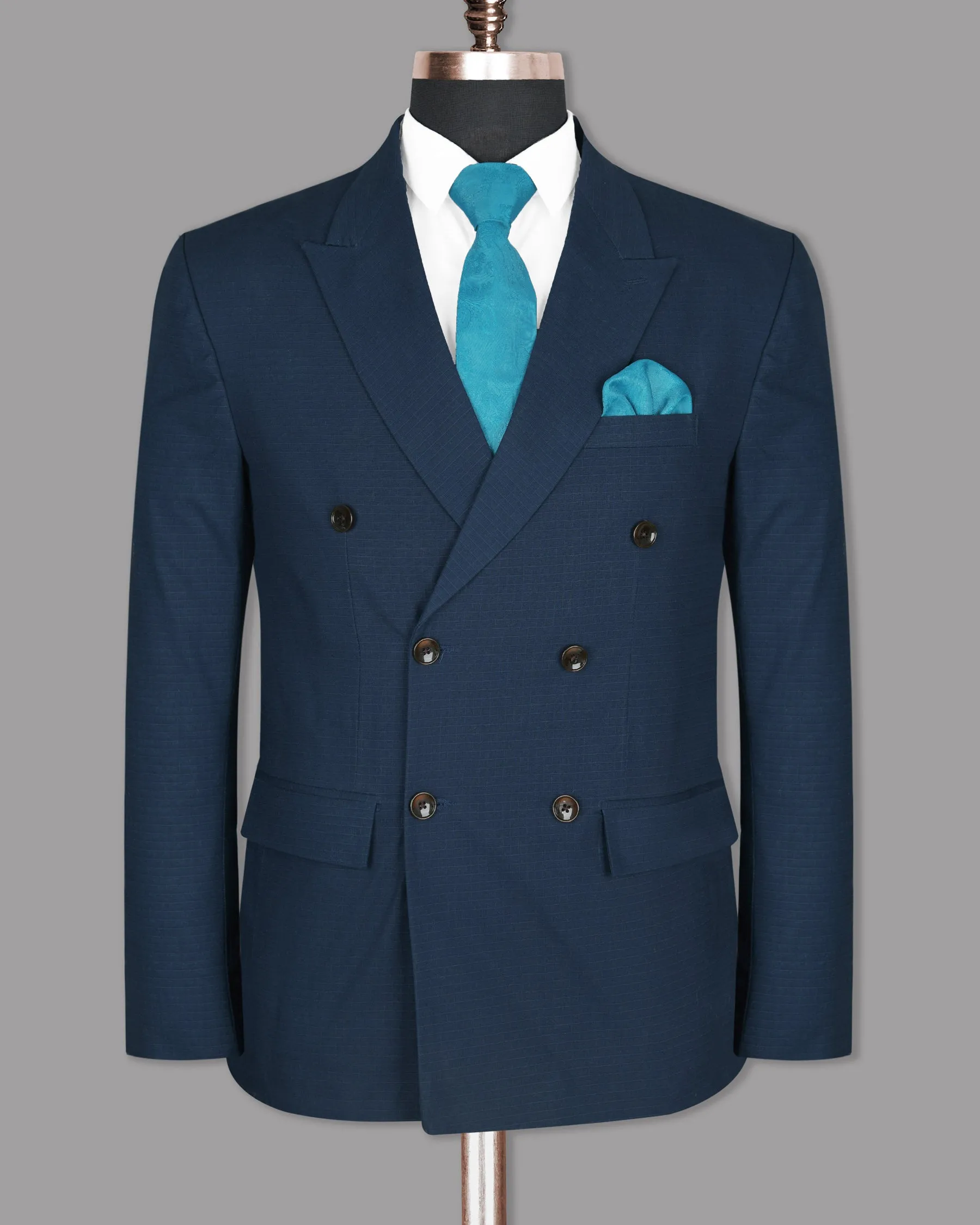 Royal Blue Subtle Checked Premium Cotton Double-Breasted Blazer