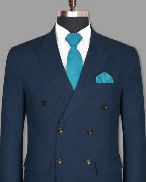Royal Blue Subtle Checked Premium Cotton Double-Breasted Blazer