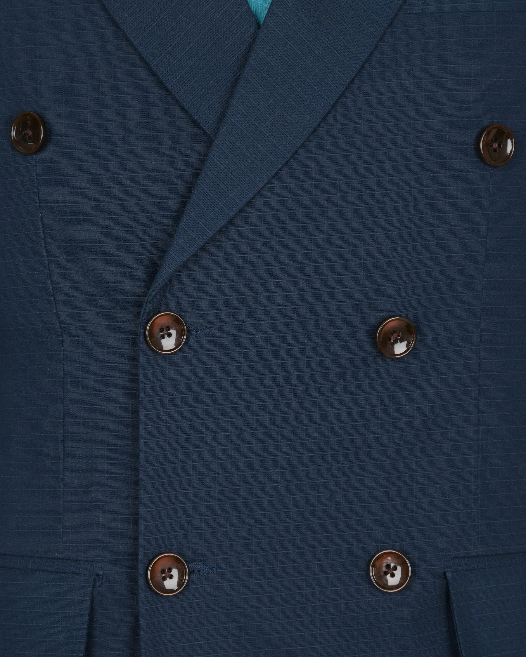 Royal Blue Subtle Checked Premium Cotton Double-Breasted Blazer